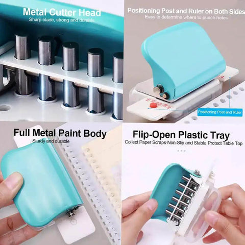Collage of Beast 6 Hole Paper Punch Handheld Portable Puncher for A4 A5 B5 notebooks showing metal cutter head, positioning post, metal body, and tray.