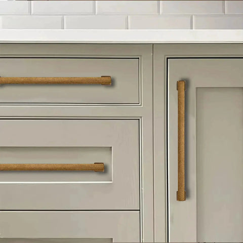 Antique Brass Cabinet Pulls 2 Pack With Three And One Quarter Inch Hole Center 82mm installed on kitchen drawers and cabinet door