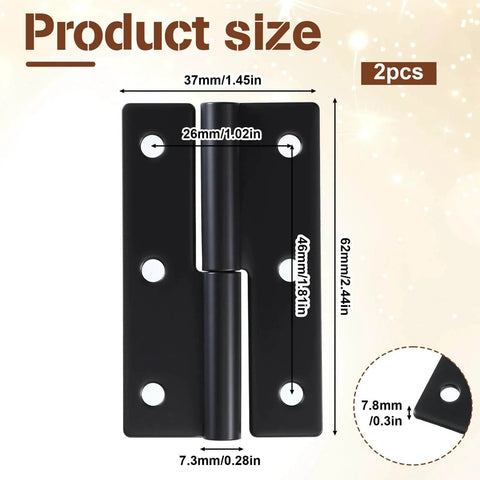 Two Pack 2.5 Inch Detachable Iron Barn Door Hinges with dimensions for cabinet doors, fences, and gates, black heavy duty iron