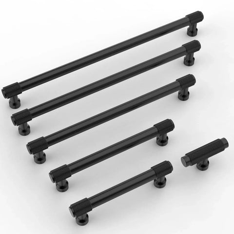 Knurled Matte Black Cabinet Pulls Pack Of 10 With 10 Inch Center To Center Spacing displayed on white background in various sizes and angles