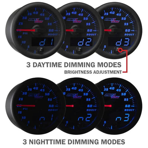 Double Vision 100 PSI Oil Pressure Gauge Kit for Trucks with Analog and Digital Readouts showing 3 daytime and nighttime dimming modes