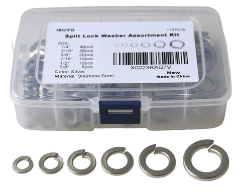 IEUYO 304 stainless steel SAE split lock washers assortment kit in clear plastic case, six sizes (1/4–5/8 in)