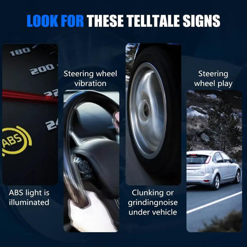 Image showing warning signs for wheel hub issues including ABS light, steering wheel vibration and play, clunking noise.