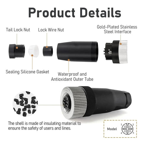 Ten Pack M12 4 Pin A Code Female Industrial Aviation Connector Waterproof IP67 Sensor Socket details view