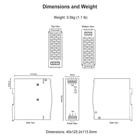Dimensions diagram of Beefy 120W 24V Din Rail Power Supply With 24V Output, AC To DC Industrial Switching Adapter, no fan cooling.