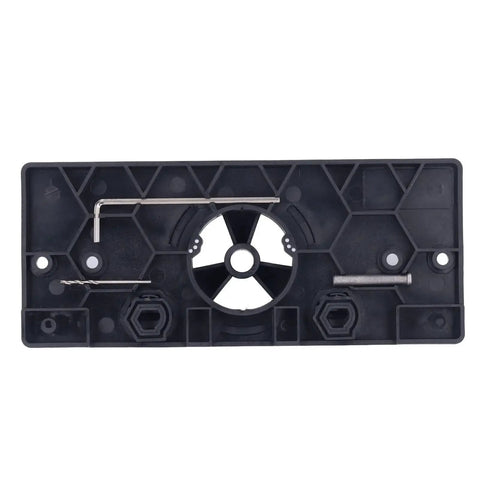 Top view of 35mm Hinge Hole Saw Jig Drilling Guide Set for Woodworking with adjustable depth, ABS material black cutter bit locator.