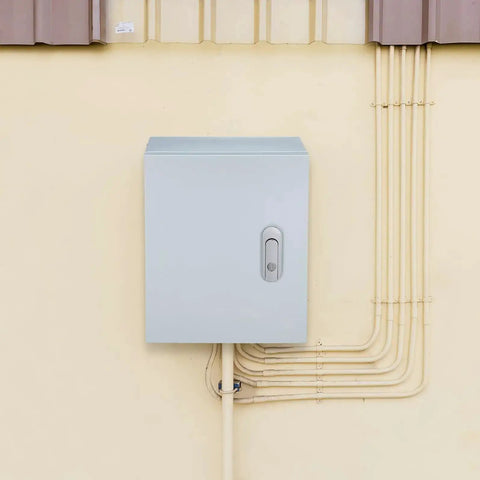 Heavy Duty Outdoor Weatherproof Electrical Box Wall Mount Control Enclosure Junction Box Thickened Steel Cabinet With Lockable Panel 250 By 300 By 140 mm For Industrial Use, mounted on wall.
