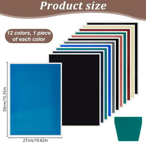 12 Color Laser Engraving Marking Paper Set With Scraper For Fiber Marking And Engraving On Metal Ceramics And Glass, Each Sheet 39 X 27 Cm, Cut To Size, Pro Grade Color Coding Paper For Engraving Projects showing 12 sheets in distinct colors and their dimensions.