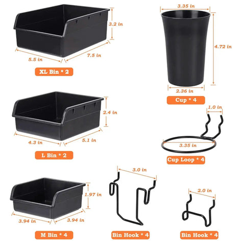 12 Pack Pegboard Bins And Cups Set For One Eighth And One Quarter Inch Pegboard Wall Organizer, showing bin sizes and hooks