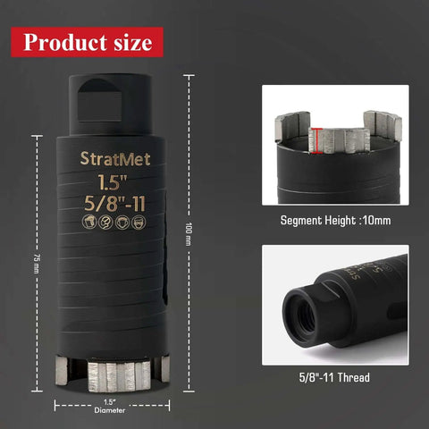 1.5 Inch Dry Core Drill Bit With Pilot Bit And SDS Plus Adapter, 3 Inch Drilling Depth, Diamond Core Bit With Turbo Laser Welded Segments For Concrete Brick Block Stucco And Masonry, Heavy Duty Performance, front and side view showing 1.5" diameter, segment height, and 5/8"-11 thread.