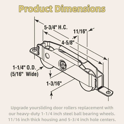 Diagram showing dimensions of 2-Pack Heavy Duty Sliding Door Rollers With Steel Ball Bearing Tandem Wheels For Patio Doors