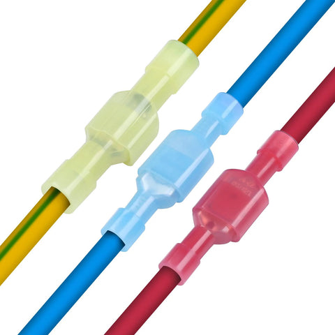 Three nylon insulated female spade connectors on blue, pink, yellow 16-14 AWG wires for quick-disconnect terminals.