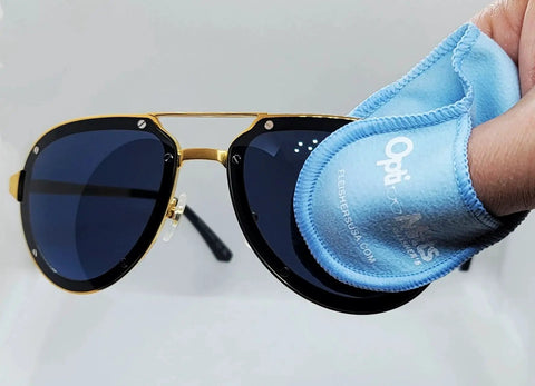 Cleaning sunglasses with Opti Mitts Mitt Shaped Microfiber Eyeglass Cleaning Cloth from 3 Pack Anti Scratch set.