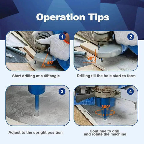 Operation guide for using 2 Pack 1/4 Inch Diamond Core Drill Bits For Porcelain Tile Ceramic Marble Granite Dry Drilling Vacuum Brazed Hole Saw With 5/8-11 Thread, 6mm Shank, 10mm Diamond Height, 60mm Overall Length