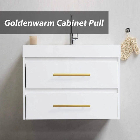 Modern bathroom vanity with 10 Pack Brushed Brass Finish Stainless Steel Cabinet Handles And Drawer Pulls For Kitchen And Bathroom Cupboards, 6 Inch Overall Length mounted.