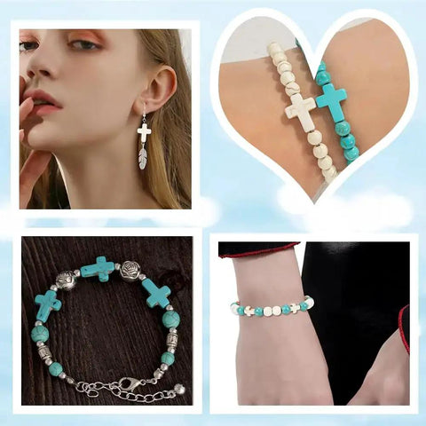 200 Pcs White Cross Beads And Blue Stone Beads Bulk 8mm Round Synthetic Turquoise in jewelry making display with bracelets and earrings