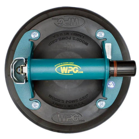 8 Inch Vacuum Suction Cup Lifter With Metal Handle And ABS Body Heavy Duty 125 Lb Capacity Includes Case Ideal For Grabbing Glass Tile Metal Panels And More Top Pick For Contractors And DIYers showing top view of black cup and teal handle.