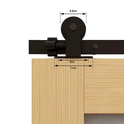 Close-up of Bypass Sliding Barn Door Rail Hardware Kit, Heavy Duty Carbon Steel Tracks, mounted on double door, measurements shown.