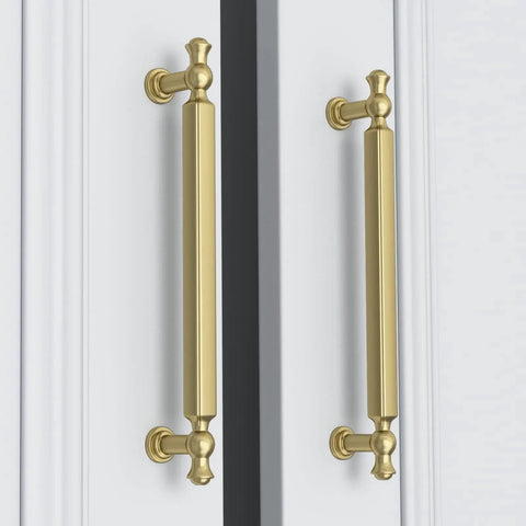 Gold Brushed Finish Cabinet Pulls Set Of 10 3 Inch Drawer Handles In Zinc Alloy Durable Dresser Hardware installed on white cabinet