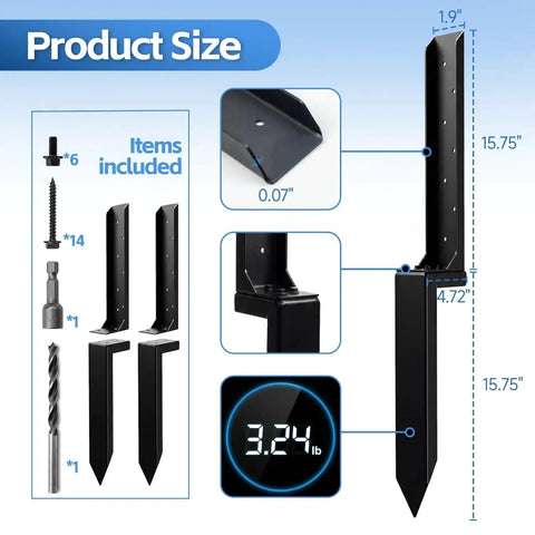 Heavy Duty Fence Post Repair Kit For Tilted Or Broken Wood Posts, product size and components displayed