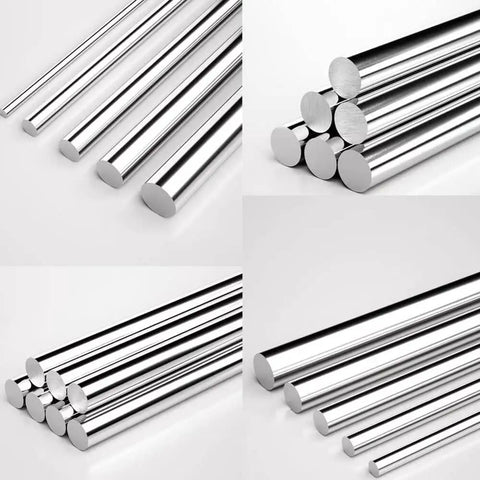 36 Inch Long 0.375 Inch Diameter 304 Stainless Steel Solid Round Rod For DIY Craft And Metal Working Two Pack High Hardness Rust Resistant Smooth Weldable Shaft Rods shown in various angles and stacks, including front, side, and close-up views, highlighting their smooth, shiny surfaces.