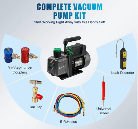 PB Motor Tech vacuum pump kit with blue and red R1234yf quick couplers, hoses, leak detector, and can tap