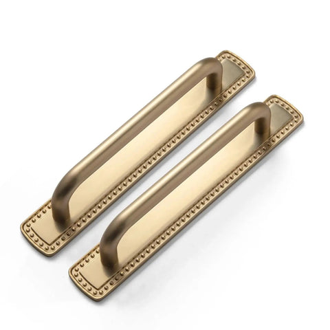 Champagne Bronze Cabinet Pulls With Bead Edge Backplates, 5 Inch Hole Centers, Solid Zinc Alloy Construction, Drawer Handles, 2 Pack