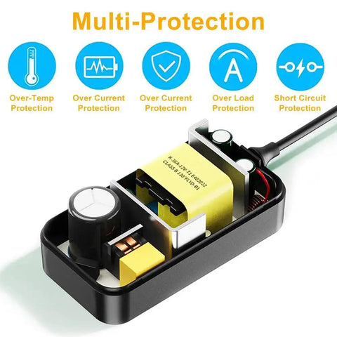 Internal view of AC To DC 24V Power Supply Adapter for LED Strip Lights Surveillance Cameras CCTV with multi-protection features.