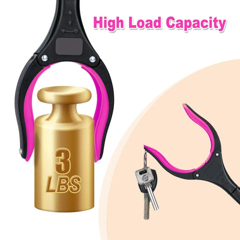 32 Inch Extra Long Foldable Grabber Reacher Tool with Strong Magnetic Grip holding 3 lbs weight and keys, close-up view.