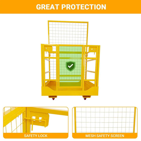 Front view of Forklift Safety Cage With Wheels 1400 Lb Capacity Collapsible Aerial Platform showing safety lock and mesh screen.