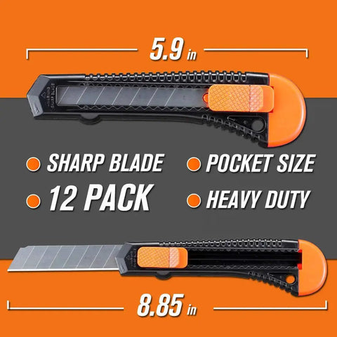 12 Pack Retractable Utility Knife With 18mm Wide Blade For Cardboard Boxes shown in two sizes with orange handle.