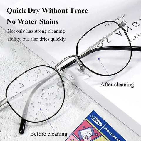 Comparison of glasses lens before and after using Lens Wipes For Glasses And Sunglasses 300 Count Individually Wrapped