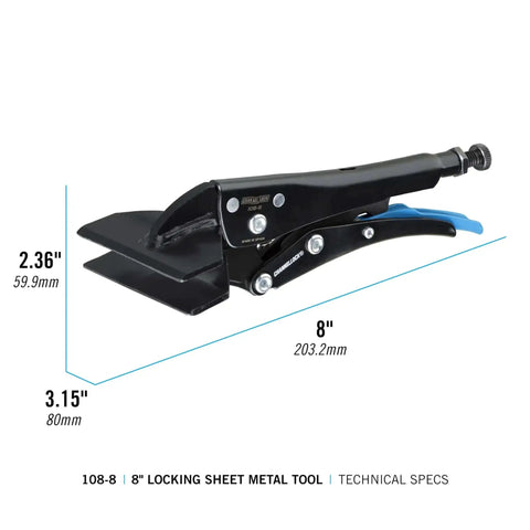 Eight Inch Sheet Metal Locking Pliers Model 108 8 with flat jaw for bending, crimping, and clamping, dimensions displayed