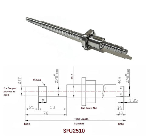 25Mm Pro Grade Anti Backlash Ball Screw Kit SFU2510 RM2510 With 1620mm Length 10mm Pitch diagram and component view