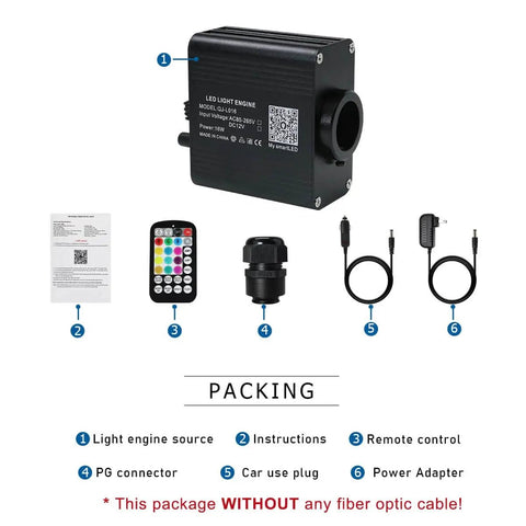 Packaging contents of Dope 16W Twinkle Fiber Optic Light Engine For Car And Home RGBW With Bluetooth App Control Music Activated