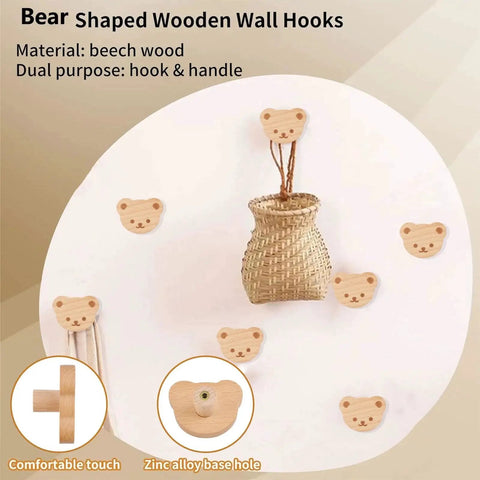 Bear Shaped Wooden Knobs 6 Pieces Single Hole Beech Wood Cabinet Handles, hooks on wall with basket, polished smooth and safe.