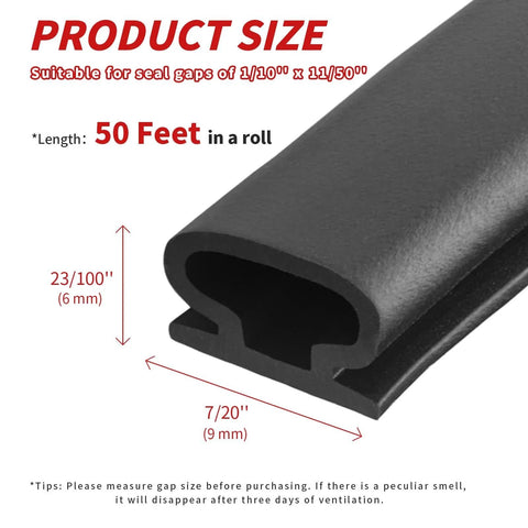 50 Feet D Shape Rubber Door Weather Stripping Seal With Self Adhesive Backing Easy Cut To Size Includes Tailor Scissors Black Perfect For Sealing Large Gaps In Door Frames And Insulating Exterior And Interior Doors, close-up view showing dimensions and material.