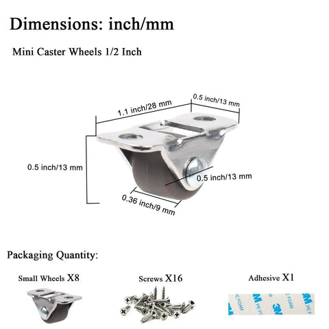 Mini Fixed Caster Wheels Half Inch Low Profile Plate Non Swivel 8 Pack for lightweight furniture and appliances