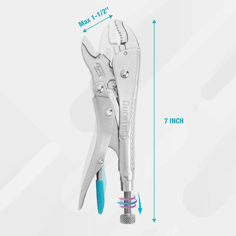 7 Inch Locking Pliers With Curved Jaw And Wire Cutter, Premium Cr-V Steel, shown in front view with adjustable screw