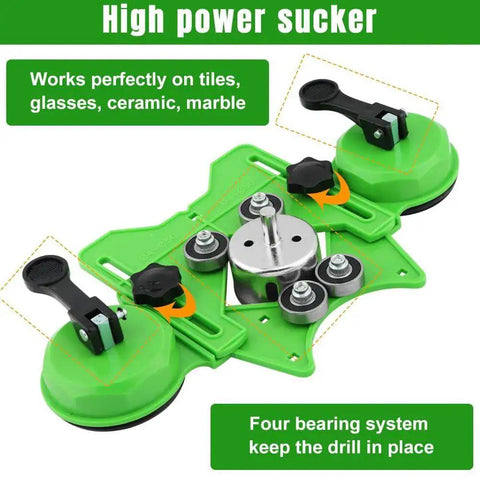 Diamond Hole Saw Kit With Guide Jig And Double Suction Cups for ceramic and glass drilling showing green jig with suction cups