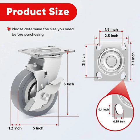 Heavy Duty 5 Inch Caster Wheels Set, 4 Pack, Includes 2 Locking Swivel Casters And 2 Rigid Casters, 500 Pound Capacity Each, TPR Silent Tread With Steel Core, Includes M8 Bolts And Nuts For Easy Mounting. Diagram with dimensions and features.