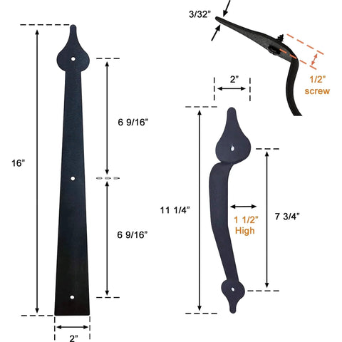Dimensions and details of Decorative Carriage House Style Garage Door Hardware Kit pieces showing screw-mounted matte black steel hinges and handles.