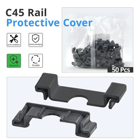 Easy Snap DIN Rail Protective Cover For 35mm Wide Standard Rails, RoHS Certified PA66 Nylon Guard, 50 PCs Set, packaging view.
