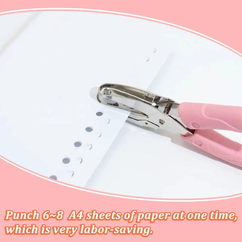 Five Piece Handheld Paper Punch Set With Plastic Handle, Metal Tag Punches for DIY Craft Tags demonstrating use on A4 paper