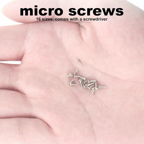 Hand holding micro screws from Electronics Micro Screws Kit With 800 Pieces Pro Grade Nickel Plated Carbon Steel Phillips Pan Head Self Tapping Machine Screws For Electronics Repair In Small Size Range M1 M1.2 M1.4 M1.6 M1.7.