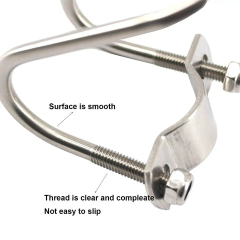 Close-up of Sturdy Stainless Steel Cross Pipe Clamp Set 32mm X 32mm U Shaped Clip with emphasis on smooth surface and threaded bolts.