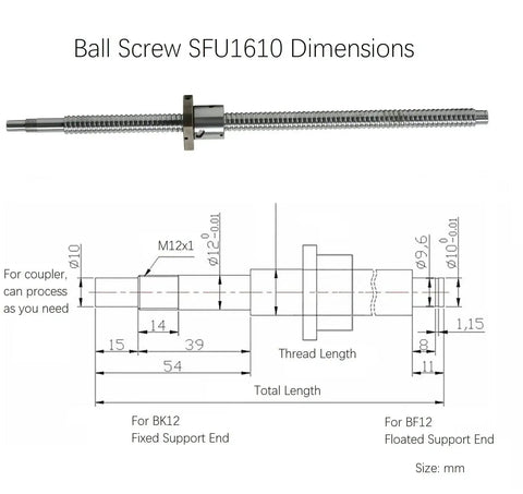 Diagram and dimensions of 16mm 1610 CNC Ball Screw With Anti Backlash Nut For Linear Motion 1500mm 59.06 Inch Shaft.