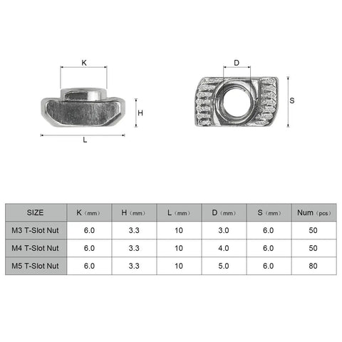 Sizing chart of Hammer Head T Slot Nut Kit For Aluminum Profiles, 180 Piece 2020 Series M3 M4 M5, carbon steel rust proof fasteners