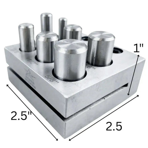 7 Piece Circular Disc Cutter Set With Wooden Storage Box Square Design Includes Round Punches One Quarter Inch Through Five Eighth Inch Heavy Duty Hardened Steel Cuts Up To Eighteen Gauge Rock Solid For Metalworking, showing stacked disc cutter and punches.