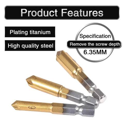 Three titanium-coated countersink deburring drill bits for wood and metal, displayed with product features and specifications.